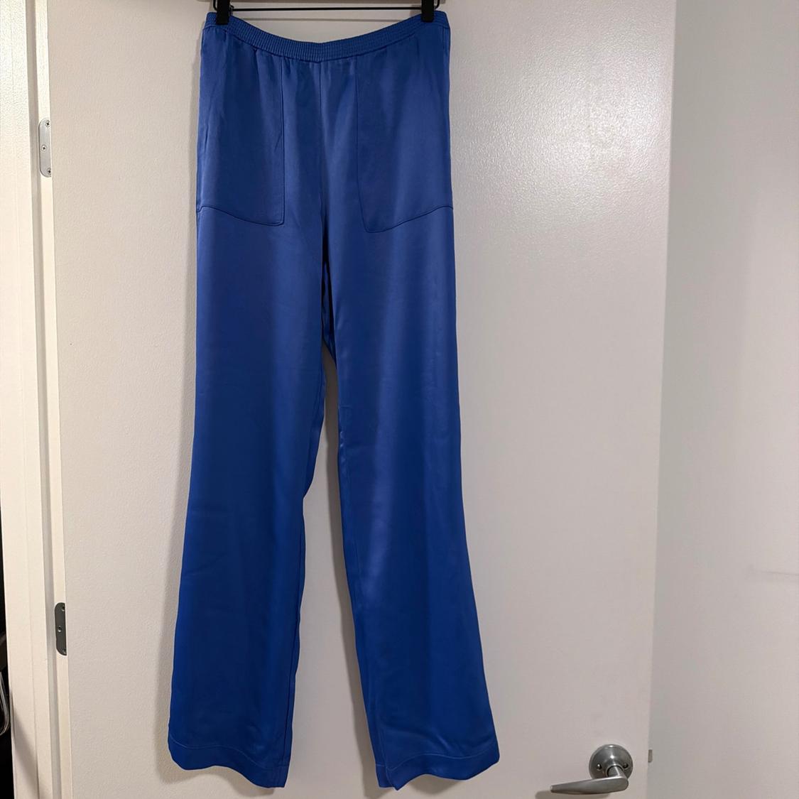 Blue wide-leg trousers with an elasticated waist and front pockets, hanging on a black hanger on a white door.