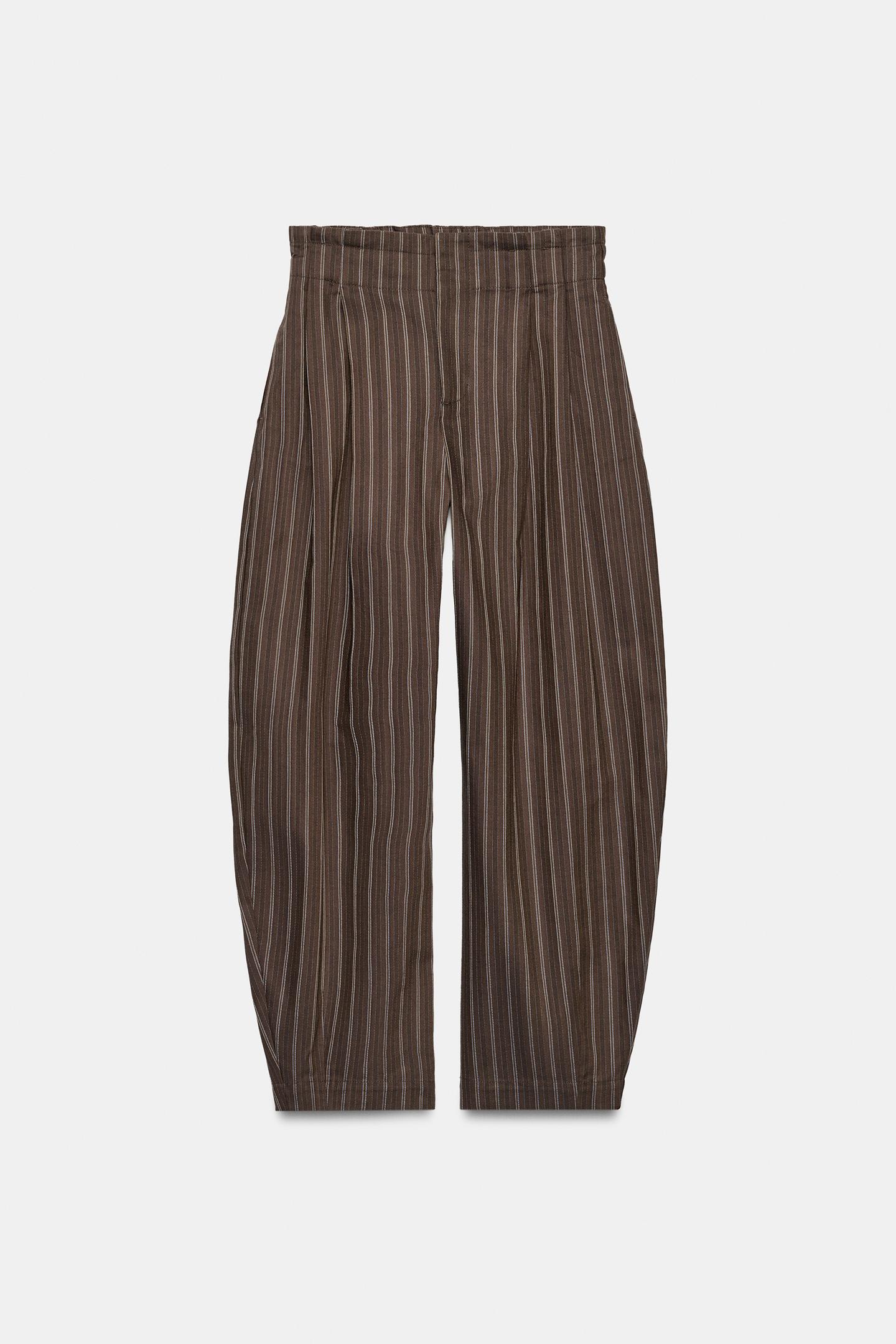 Женские брюки Zara Striped Paperbag Balloon, цвет: Коричневый синий — фото 7