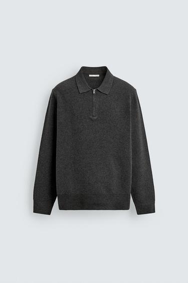 KNIT POLO SHIRT WITH ZIP - Grey marl by Zara