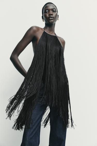 TOP HALTER TERCIOPELO FLECOS - Negro de Zara