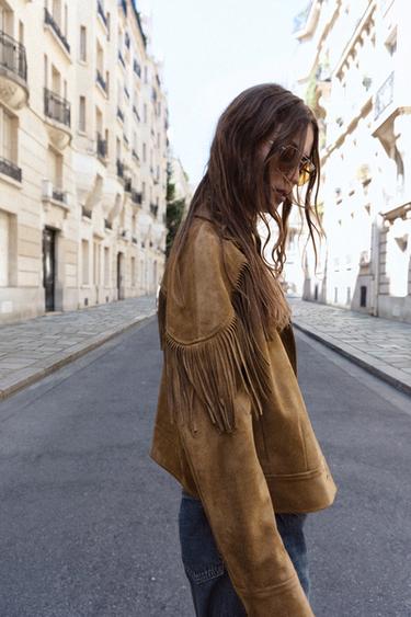 FAUX SUEDE FRINGED JACKET - camel by Zara