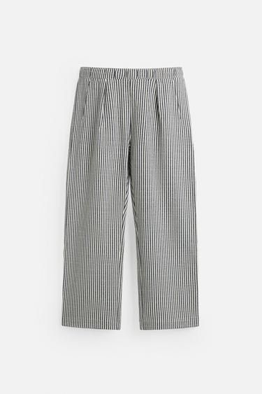 Zara RELAXED FIT SEERSUCKER PANTS - Ecru / Navy
