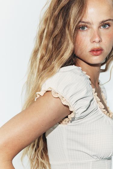 TOP À CARREAUX VICHY EN DENTELLE - Écru / Beige de Zara - Image 2