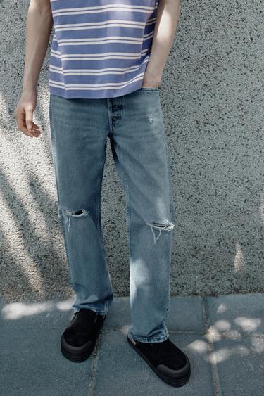 RIPPED REGULAR STRAIGHT-LEG JEANS - Blue by Zara
