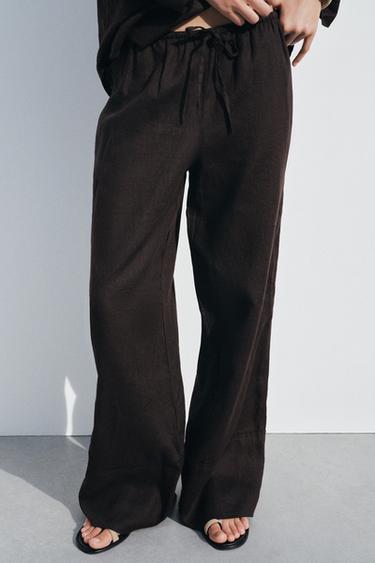ZW COLLECTION 100% LINEN PALAZZO TROUSERS - Brown by Zara