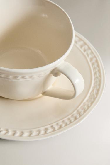 RAISED STONEWARE TEACUP AND SAUCER - Cream by Zara - Image 2