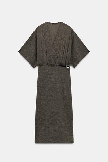 Zara 棉質網眼布料中長版洋裝附腰帶 - 深綠色