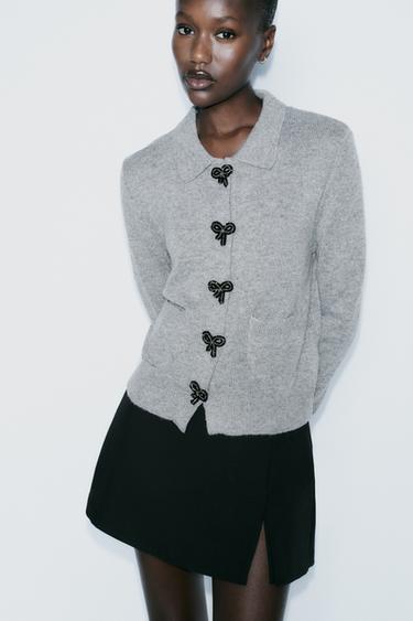 CHAQUETA PUNTO BOTONES LAZOS - Gris de Zara