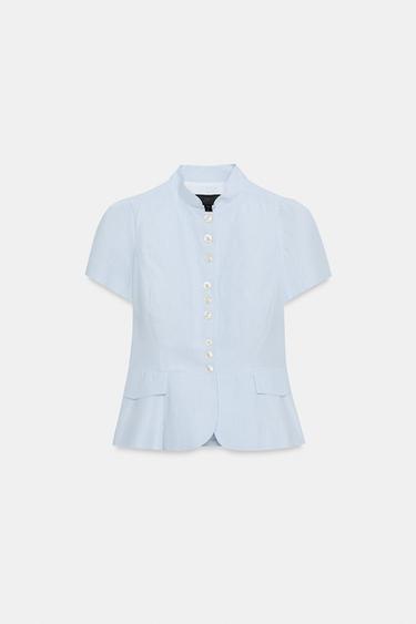 ショートスリーブボタン付きトップス青色/白色Zaraのショートスリーブボタン付きトップス - 青色/白色 