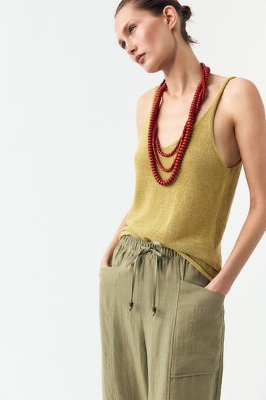 ТРИКОТАЖНЫЙ ТОП ИЗ СМЕСОВОГО ЛЬНА — ЦВЕТ ОЛИВКОВОГО МАСЛА от Zara