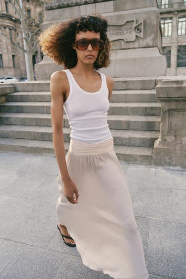 Zara SATIN EFFECT MIDI SKIRT - Beige