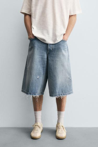 Zara RIPPED BAGGY FIT DENIM SHORTS - Blue