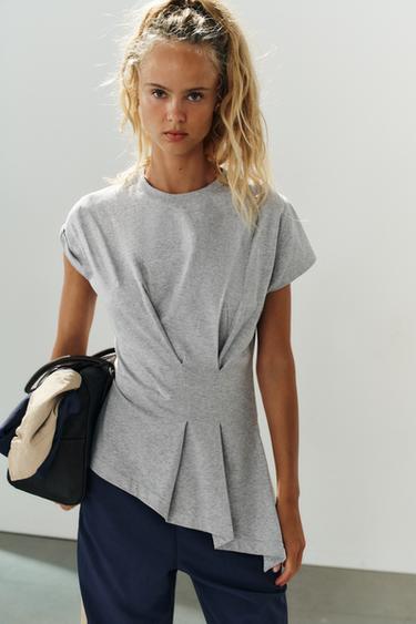 ASYMMETRIC PLEATED T-SHIRT - Grey marl by Zara