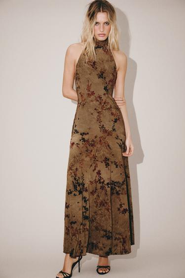 LONG HALTER FOULARD FLOCKED DRESS - Toffee by Zara