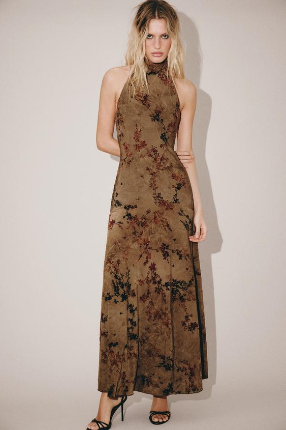 Zara FLOCKED SCARF HALTER MAXI DRESS - Toffee - Image 0