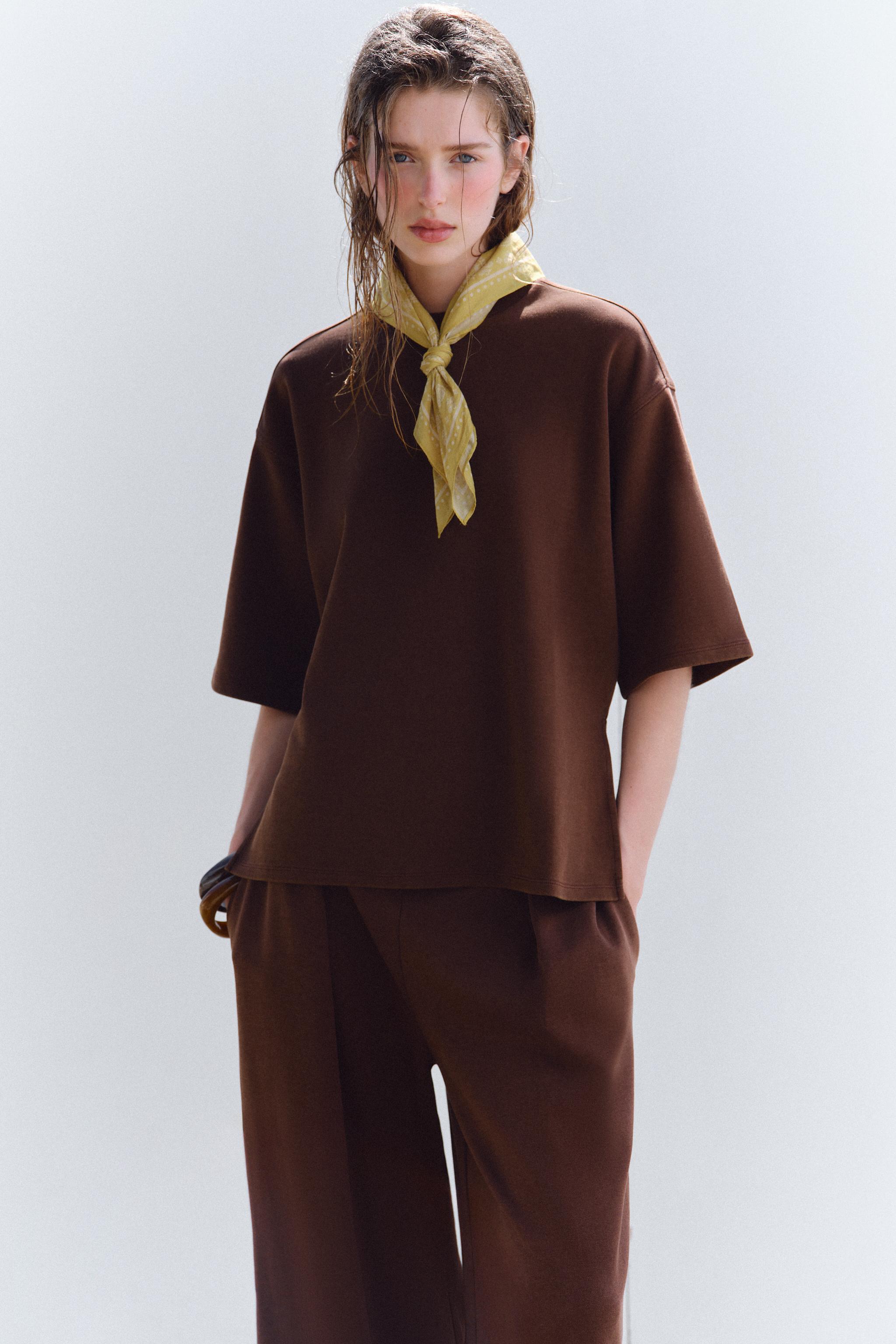 ★ドイツ発*ZARA*新作*ウォッシュドTシャツ/DARK BROWN★ スペイン発送 ZARA ウォッシュドプリントニットTシャツ 今季新作