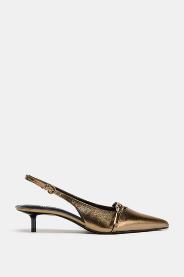 METALLIC-EFFECT KITTEN HEEL SLINGBACK SHOES - Gold by Zara