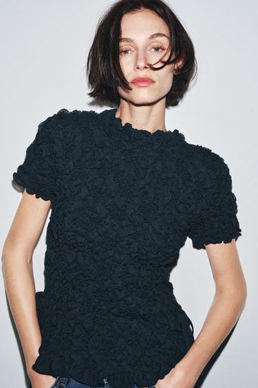 TEXTURED KNIT TOP WITH BOWS - Ink blue by Zara