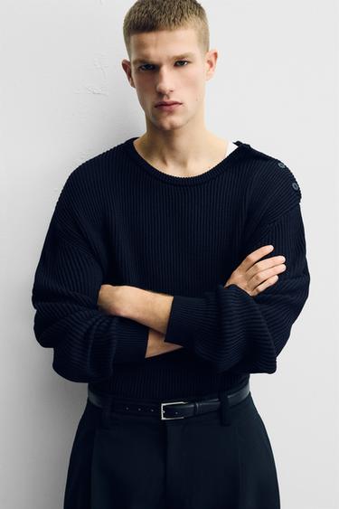 Zara BUTTONED TEXTURED SWEATER - Dark navy - Image 0