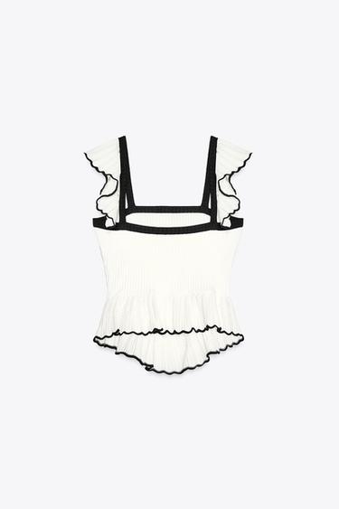 CONTRAST RUFFLE TRIM TOP - Black / White by Zara - Image 4