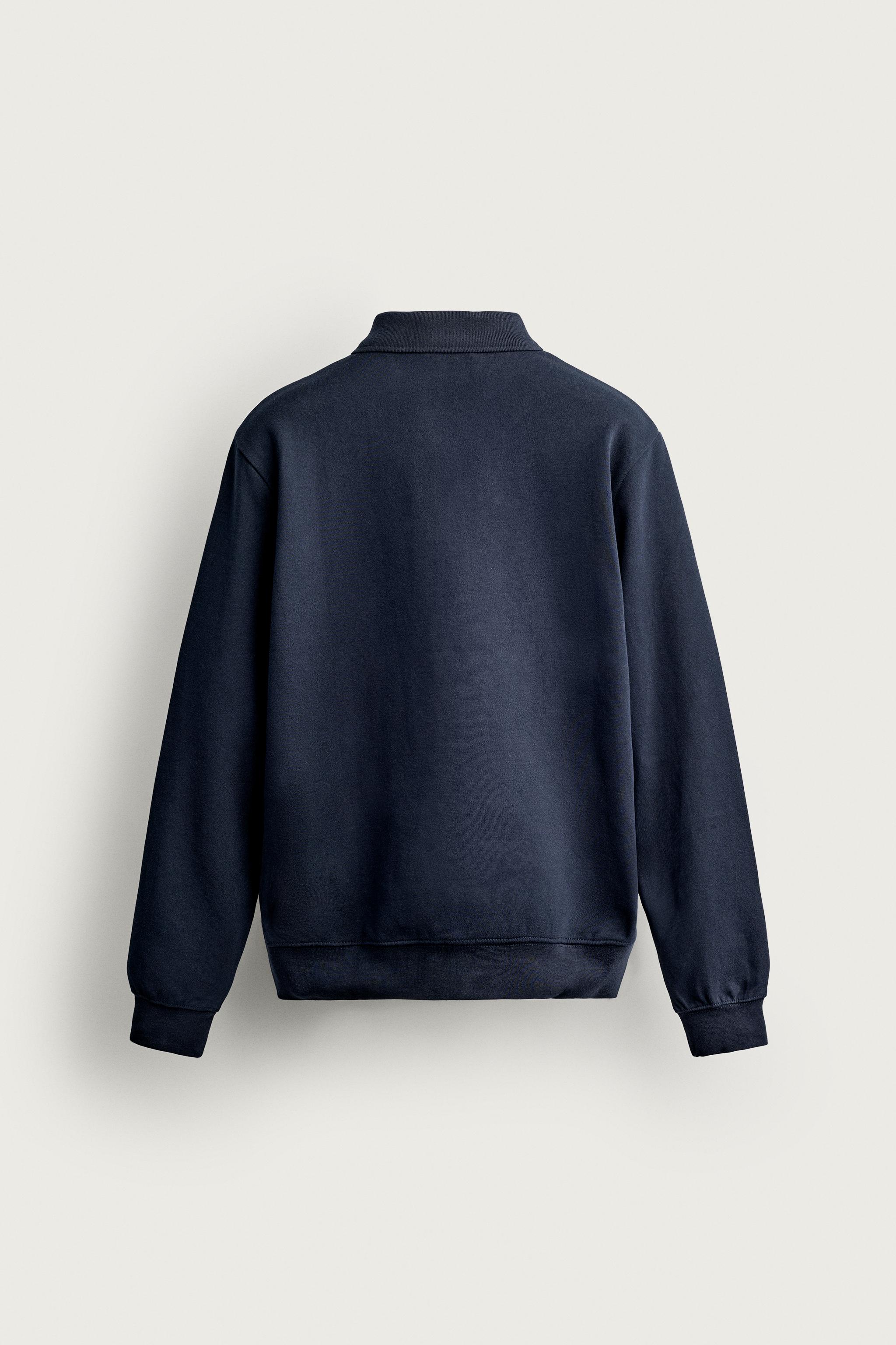 ZIP-UP INTERLOCK POLO SWEATSHIRT — Navy blue