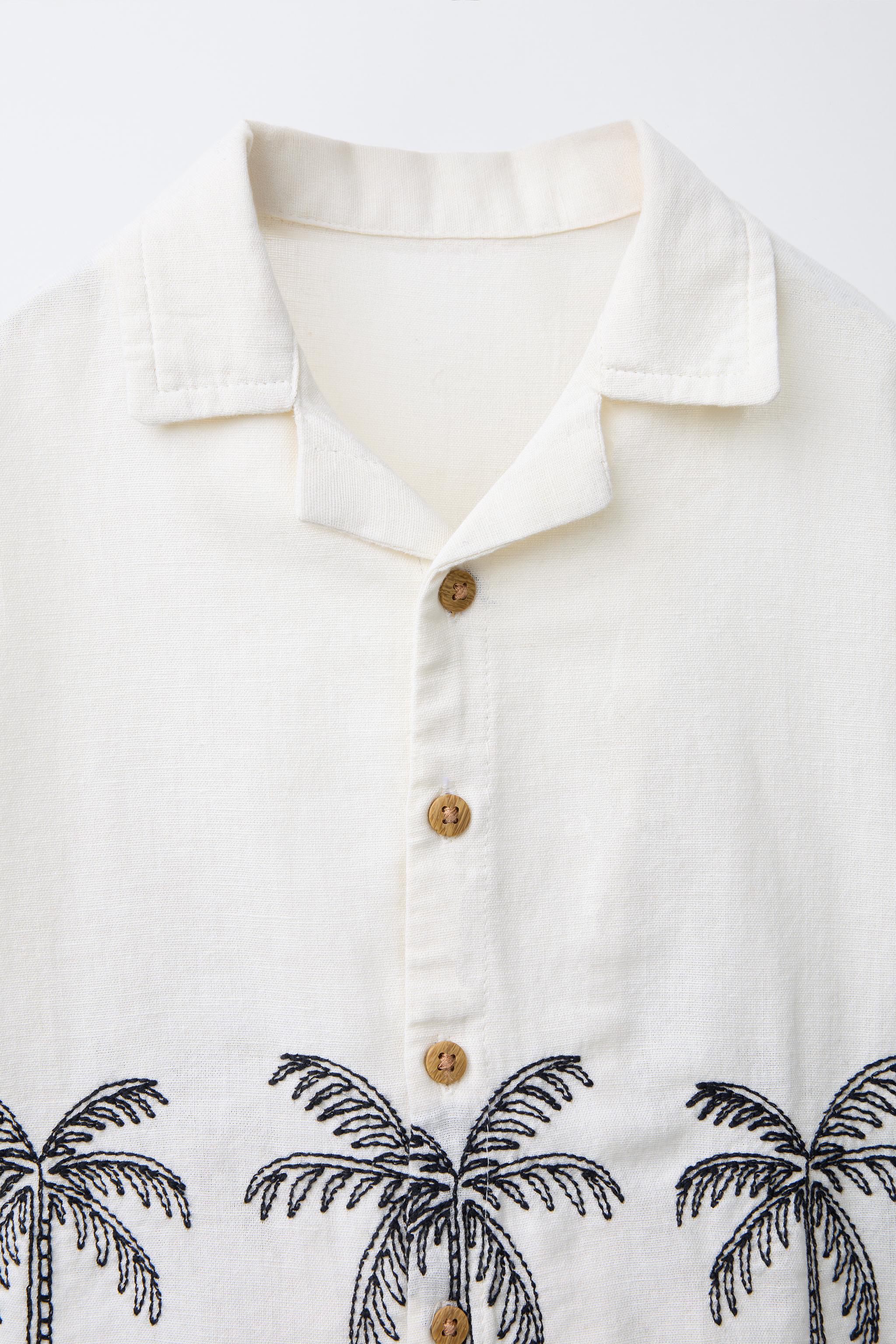 EMBROIDERED COTTON LINEN PALM TREE SHIRT - Ecru | ZARA