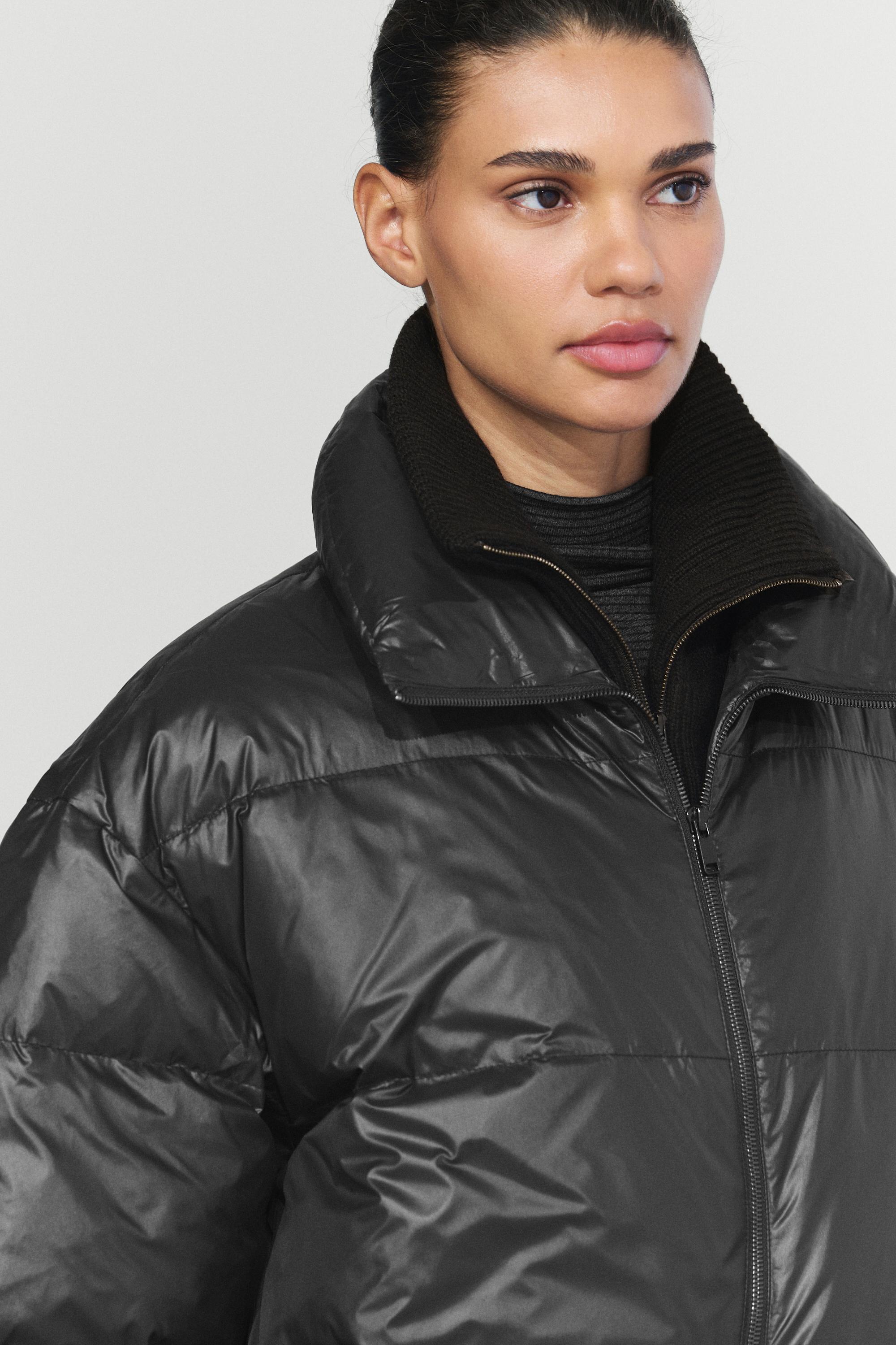 High neck down jacket with detachable hybrid fabric