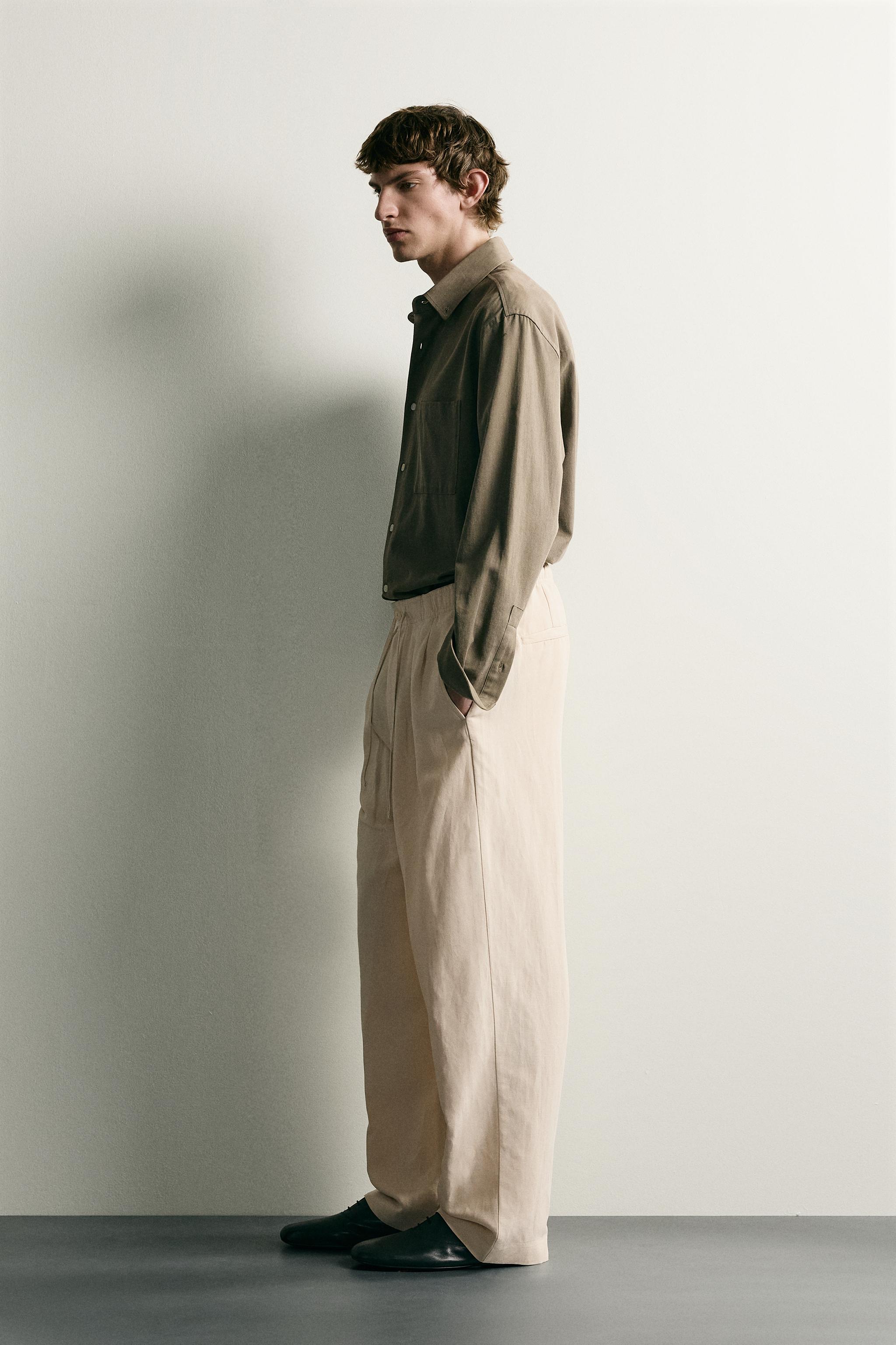 Мужские брюки Zara VISCOSE LINEN BLEND RELAXED FIT PANTS — фото 4