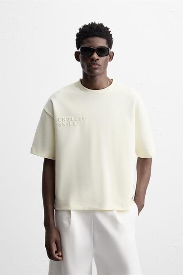 Zara EMBOSSED TEXT T-SHIRT - Oyster-white
