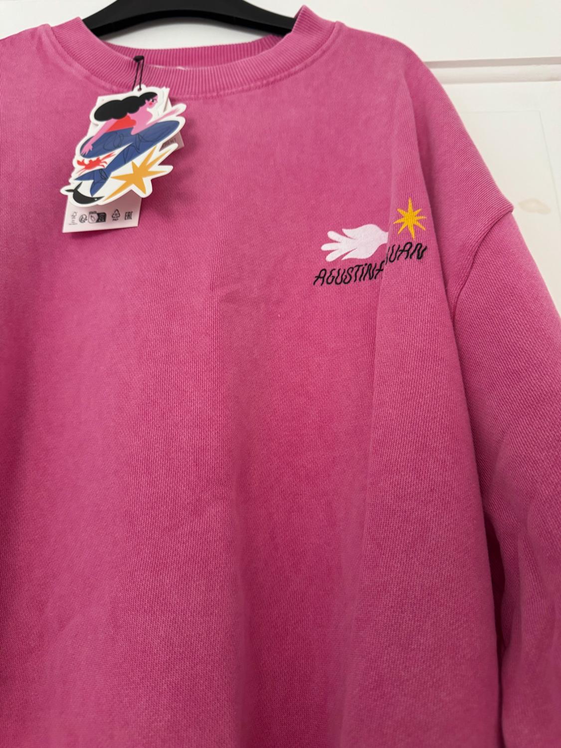 Here is a rephrased version that maintains exactly the same meaning and context, without using any of the forbidden words: "Pink sweatshirt hanging on a coat hanger, featuring a tag with an illustration. On the chest, it sports embroidery that includes the words 'AGUSTINA JUAN', a white hand, and a yellow star."