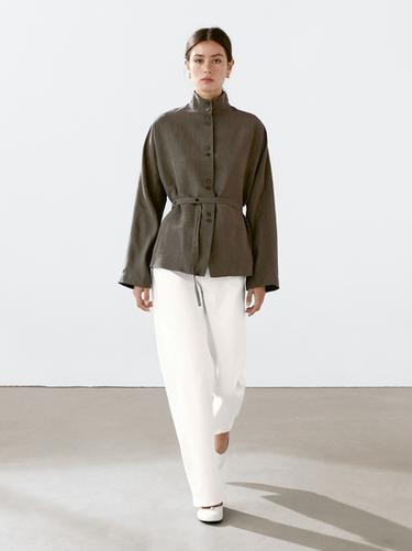 Zara Linen blend stand collar jacket - Black gold - Image 0