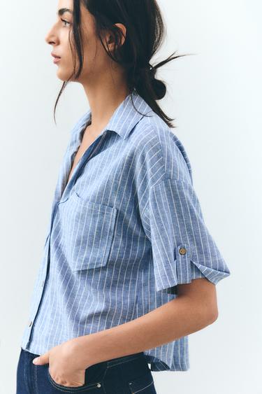 STRIPED LINEN BLEND SHIRT - Blue/White by Zara