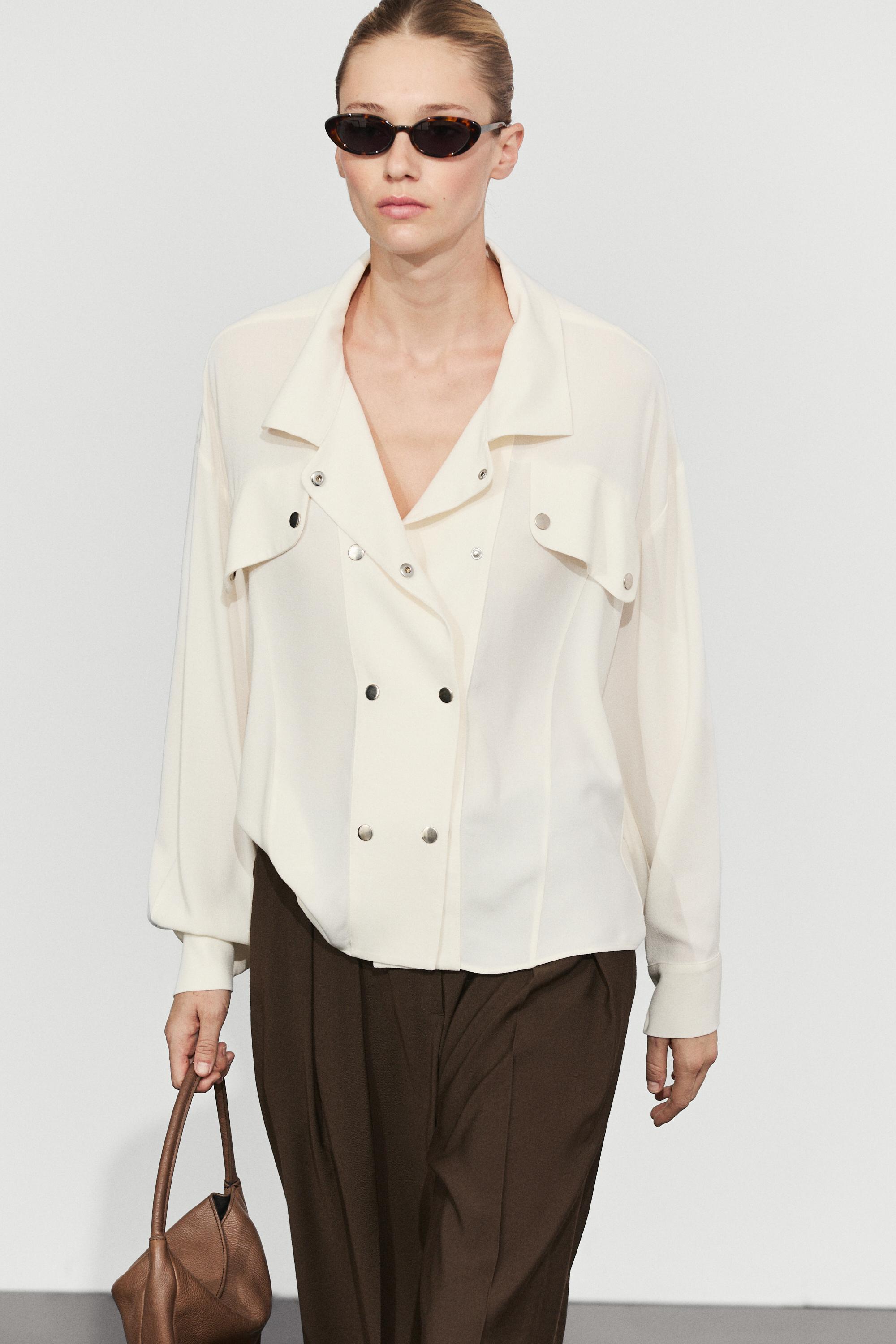 Snap-button stand collar shirt — Ecru
