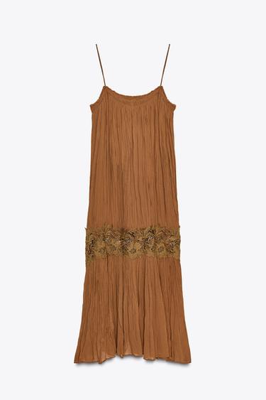 ZW COLLECTION CRINKLED EMBROIDERED DRESS - Brown by Zara - Image 5
