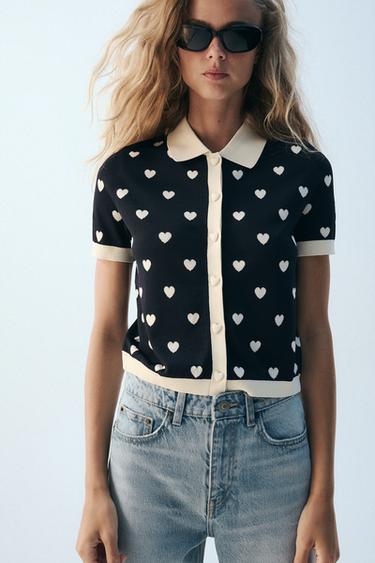 Zara HEART KNIT POLO SHIRT - Navy blue