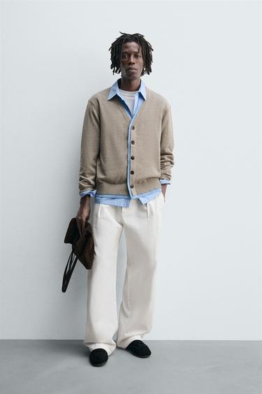 Zara CONTRAST TRIM CARDIGAN - Beige - Image 0