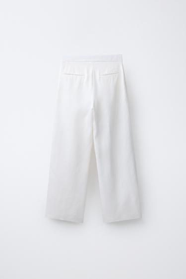 100% LINEN CROSSOVER WAIST WIDE-LEG TROUSERS - Ecru by Zara - Image 1