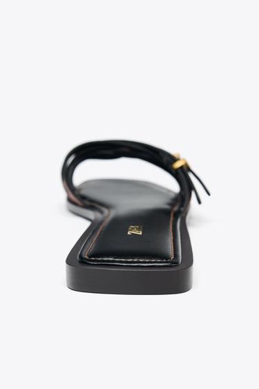 LEATHER STRAPPY SLIDERS WITH BUCKLE - Brown by Zara - Image 3