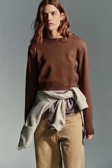 CROPPED KNIT SWEATER WITH SHOULDER PADS - Brown by Zara