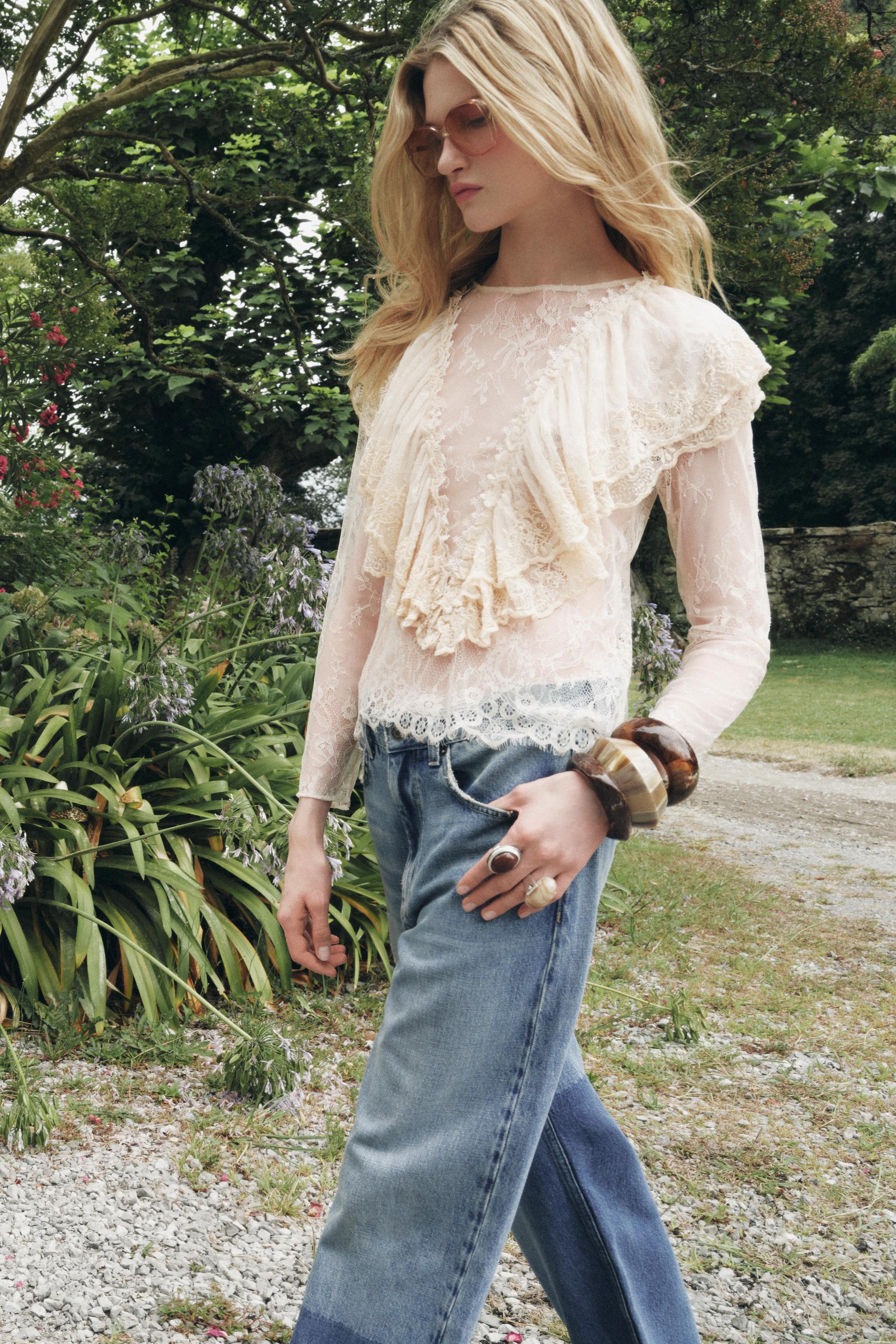 LACE RUFFLE BLOUSE ZW COLLECTION Beige-pink ZARA New Zealand