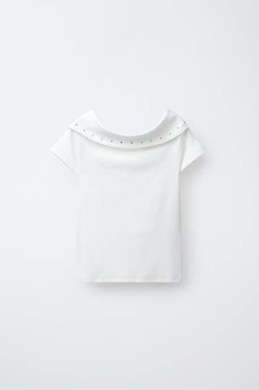 Zara STUDDED OFF-THE-SHOULDER T-SHIRT - White - Image 0