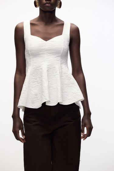 Zara STRETCH JACQUARD PEPLUM TOP - Oyster-white