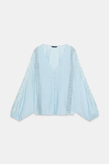 CONTRAST EMBROIDERED BLOUSE - Pastel blue by Zara - Image 6