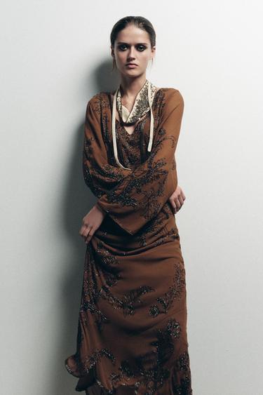 LIMITED EDITION BEADED GEORGETTE DRESS - Brown by Zara - Image 0