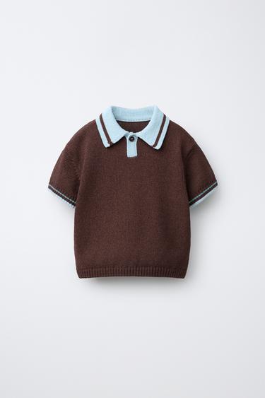 Zara CONTRAST COLLAR KNIT POLO SHIRT - Brown-Blue
