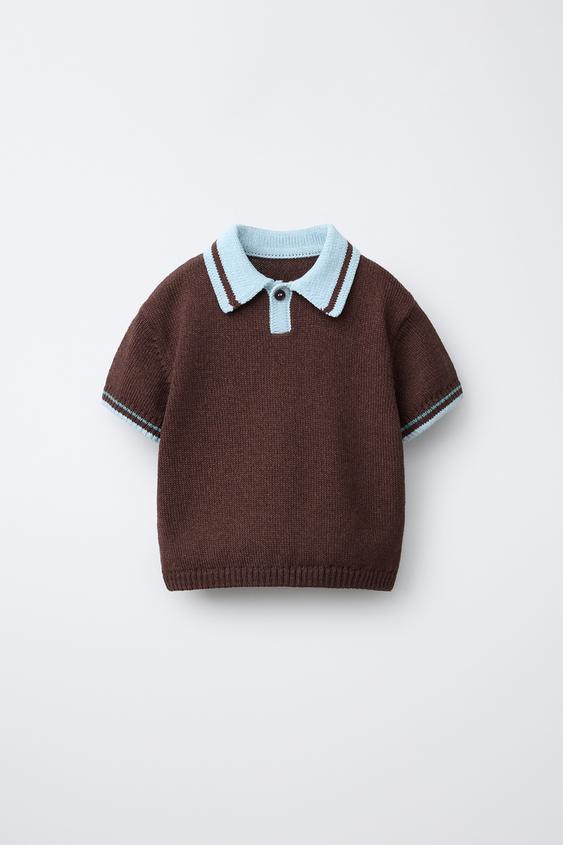 CONTRAST COLLAR KNIT POLO SHIRT - Brown-Blue by Zara - Image 0