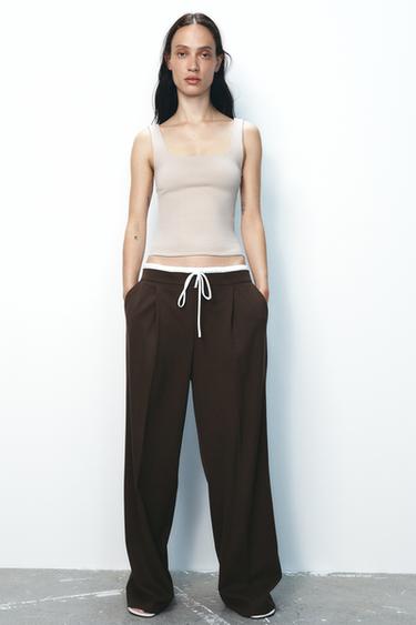 CALÇA LARGA COM CINTURA DUPLA - Marrom-chocolate da Zara