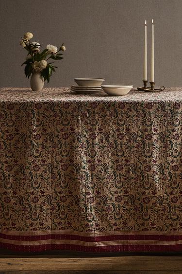 NAPPE EN COTON À MOTIFS FLORAUX ENCADRÉS NOËL - Beige clair de Zara - Image 5