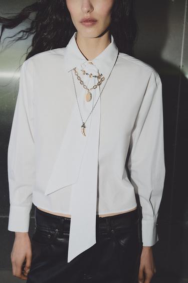 SHORT TIE POPLIN SHIRT - White by Zara