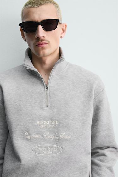QUARTER-ZIP EMBROIDERED SWEATSHIRT - Grey by Zara